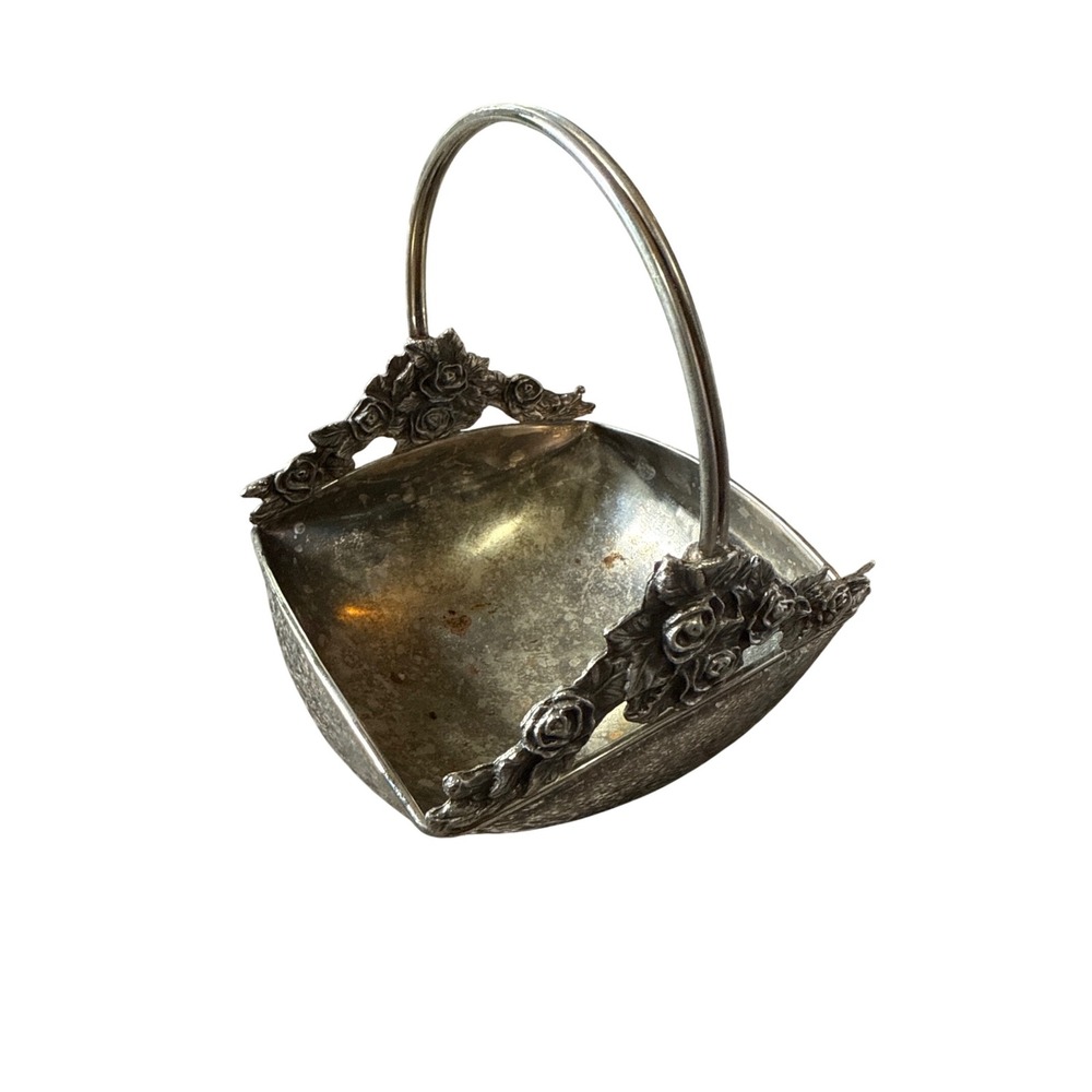 Engagement Silver‎ Basket Candy Dish Rose Floral Accent Vintage Decor Display